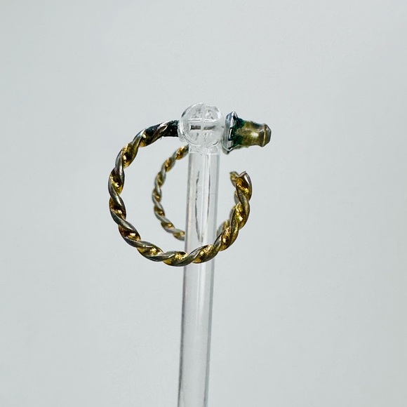 Two Tone Golden Silver Twisted Hoop Earrings 0.8” - Picture 3 of 4